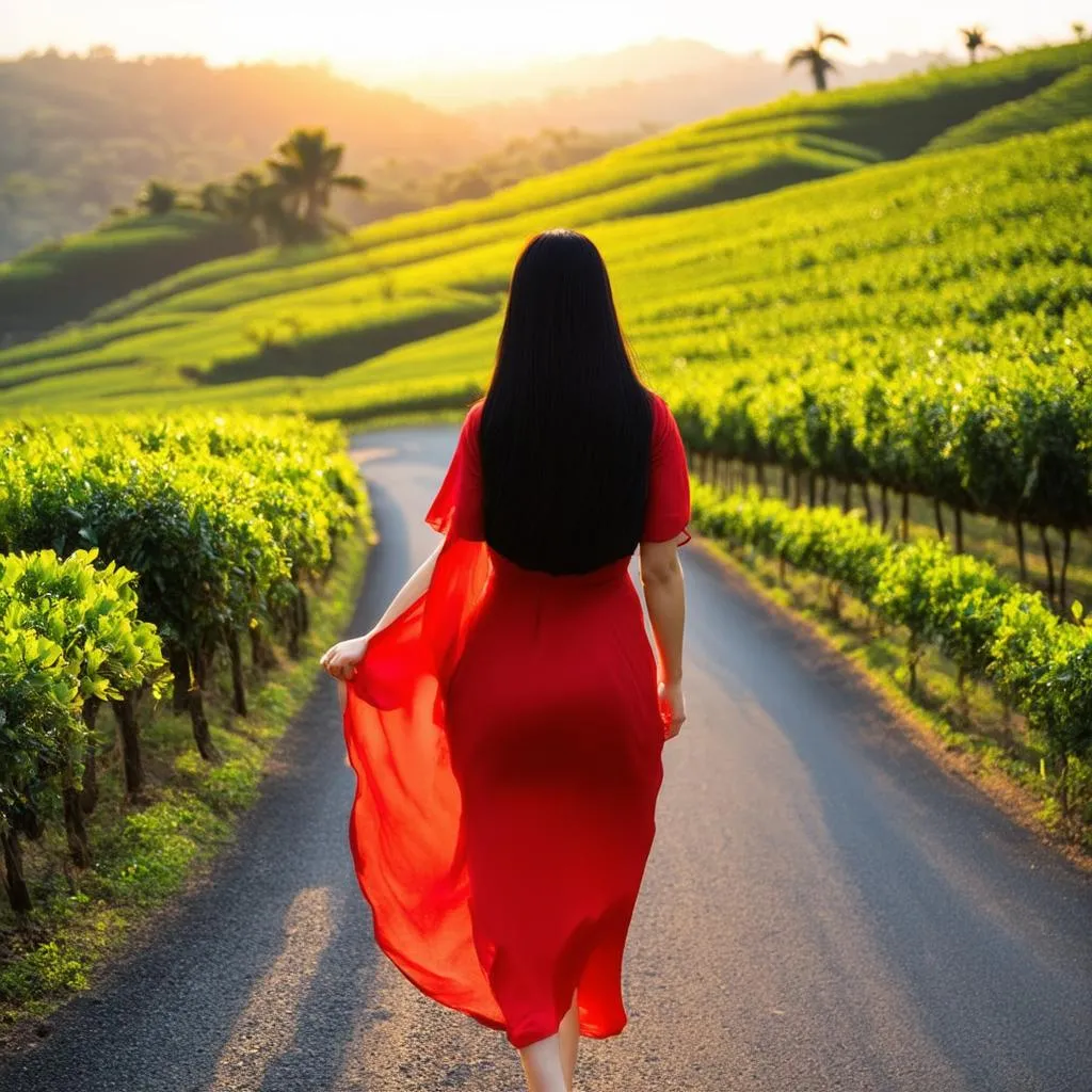 a woman walking in tea hills